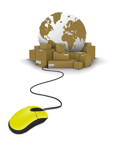 Global Shipping for Reflexology Charts and Books World map surrounded by shipping boxes with a computer mouse, representing global reflexology chart delivery