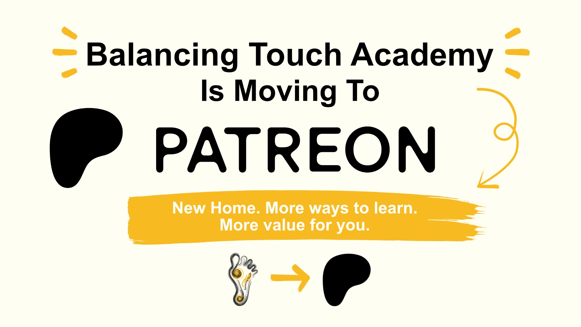 Balancing Touch Reflexology logo next to the Patreon logo with text announcing the academy's transition to Patreon.